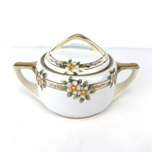 Vintage NIPPON Hand Painted Floral Lidded Gold Trim M in Wreath Japan Sugar Bowl